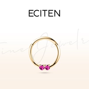 Klikkerring roze saffier, 2 ronde piercings met roze saffier in 14 kt massief goud, 16 G kraakbeenspiraal, Moederdagcadeau, 10 mm buiten