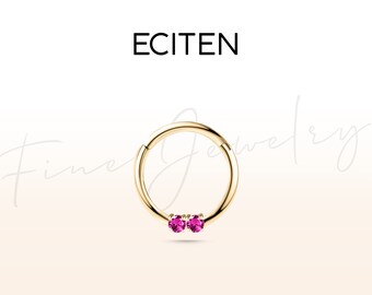Pink Sapphire Hoop Clicker Earring,2 Round Cut Pink Sapphire Piercing in 14K Solid Gold,16G Cartilage Helix,Birthday Gift,10mm Outer
