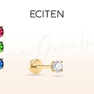 Solitär Tragus Piercing Mit 4 Edelstein, Diamant-Smaragd-Rubin-Saphir Flachboden Piercing in 14K Massiv Gold, 18G Knorpelohrring