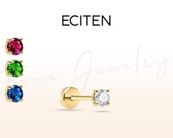 Solitaire Tragus Piercing With 4 Gemstone,Diamond-Emerald-Ruby-Sapphire Flat Back Piercing in 14K Solid Gold,18G Cartilage Earring