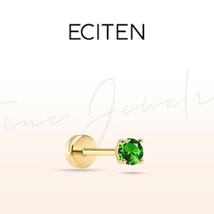 Smaragd Solitär Tragus Piercing, Flaches Rücken Piercing aus 14K Massiv Gold, Prong Set Piercing, 18G Bolzen Knorpelpiercing, 8-6 mm Stablänge