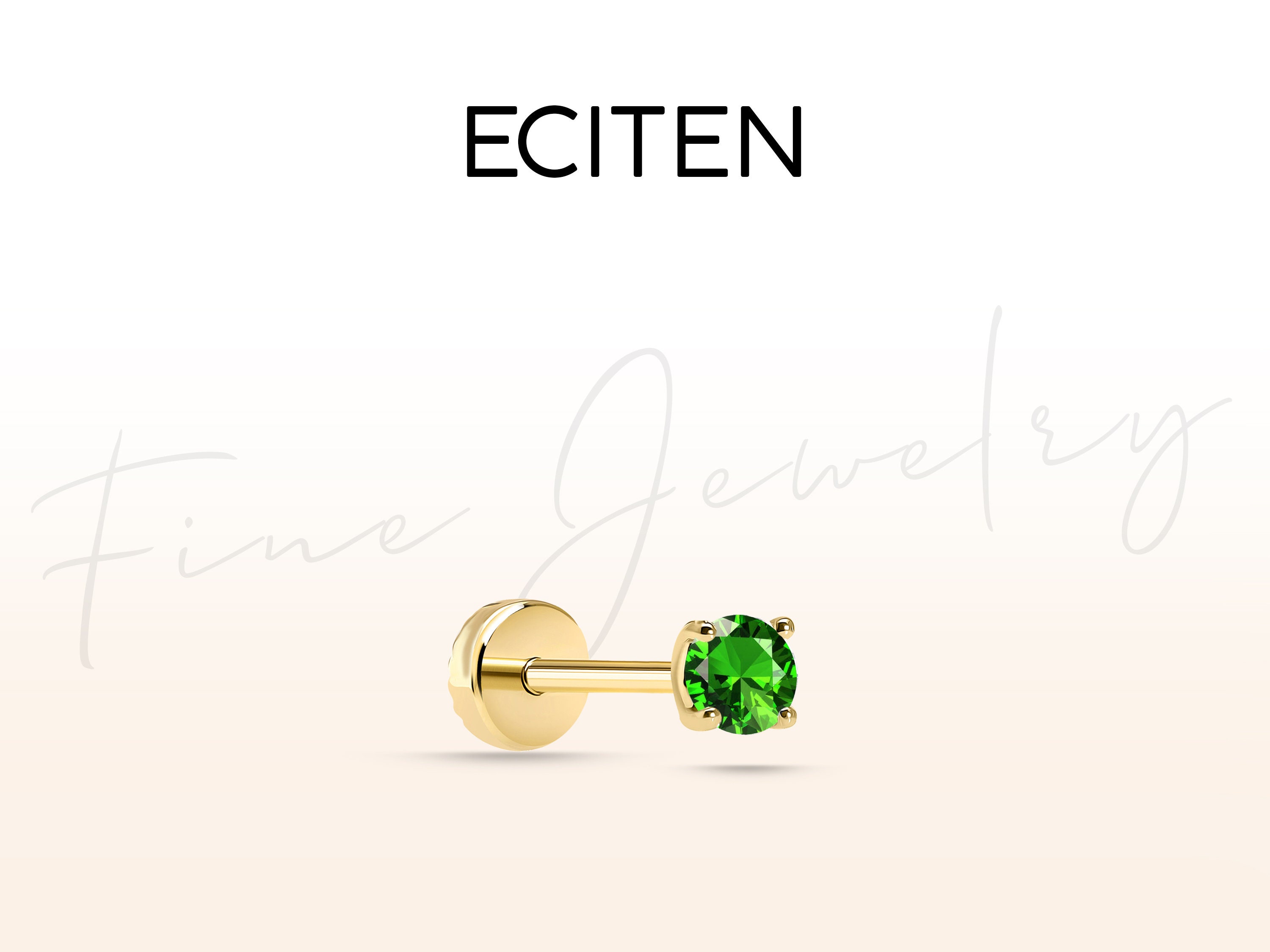 Emerald Solitaire Tragus Piercing,Flat Back Piercing in 14K Solid Gold,Prong Set Piercing,18G Stud Cartilage Piercing,8-6mm Bar Length