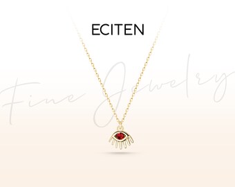 Evil Eye 14k Solid Gold Rubin Halskette: Zierliche Lünettenanhänger