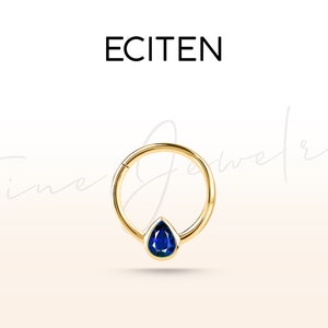 Kraakbeen hoepel, peer geslepen saffier clicker piercing, enkele oorbel, 14K massief goud, 16G (1,2 mm)