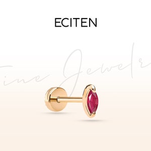 Cartilage Helix Screw Back Piercing,Marquise Cut Ruby Piercing in 14K Solid Gold,18G(1.0 mm),8-6 mm Bar Length
