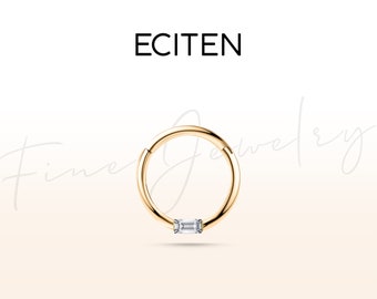 Baguette Diamond Hoop Clicker Earrings in 14K Solid Gold,16G Cartilage Hoop Clicker,10mm Outer