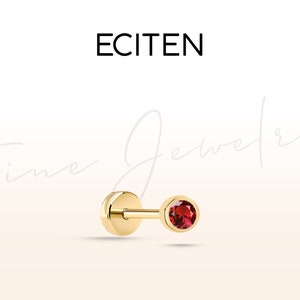 Ruby Solitaire Tragus Piercing,Flat Back Piercing in 14K Solid Gold,18G Cartilage Earring,8-6 mm Bar Length