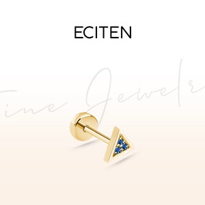 Saphir Dreieck Tragus Piercing, Flaches Rücken Piercing aus 14K Massiv Gold, 18G Bolzen Knorpel Piercing, Minimalist Piercing, 8-6 mm Stablänge
