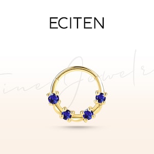 Kraakbeen hoepel vier saffier clicker piercing, enkele oorbel, 14K geel, wit, rosé massief goud, 18 G (1,00 mm)