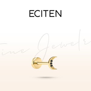 Piercing croissant de lune, piercing dos plat diamant noir en or massif 14 carats, piercing cartilage, longueur de barre 8-6 mm, 18 g (1,0 mm)