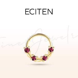 Kraakbeen hoepel vier Ruby Clicker piercing, enkele oorbel, 14K massief goud, 18G (1,00 mm)