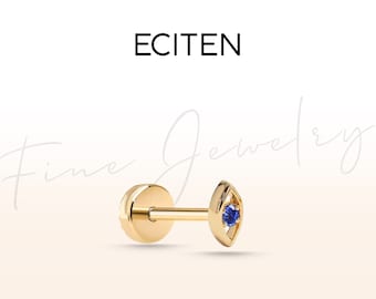 Evil Eye Cartilage Helix Screw Back Piercing,Sapphire Helix Piercing,14K Solid Gold Piercing,18G(1.0mm),6-8 mm Bar Length