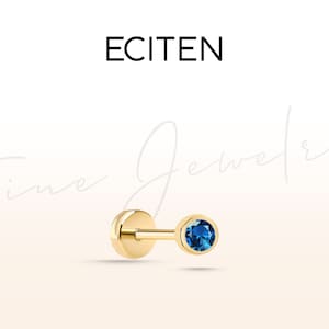 Saphir Solitär Tragus Piercing, flaches Rücken Piercing aus 14K Massivgold, 18G Knorpel Einzelohrring, Stablänge 8-6 mm