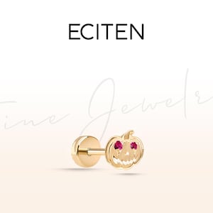 Piercing, Halloween Geist Kürbis Rubin Piercing, winziger lächelnder Kürbis, Einzelohrring aus 14K Massivgold, 8-6 mm Stablänge, 18G (1.0 mm)
