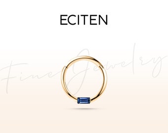 Sapphire Baguette Hoop Clicker Earring in 14K Solid Gold,Forward Helix Single Earring,16G(1.2mm) Cartilage Rook Piercing,10mm Outer Diameter
