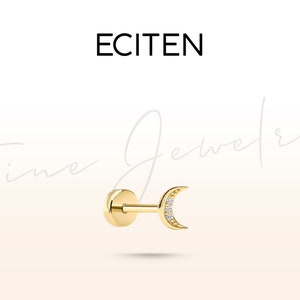 Halbmond Diamant Piercing, flache Rückseite aus 14K Gold, 3 Diamanten im Rundschliff, Stablänge 8-6 mm, 18G (1.0 mm)