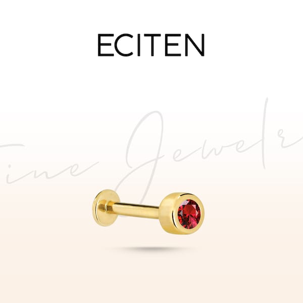 Ruby Solitaire Lip and Nostril Piercing,Ear Nose Facial Stud in 14K Solid Gold,Bezel Set Piercing,16G Labret Stud Piercing