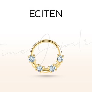 Kraakbeen hoepel vier diamanten clicker piercing, enkele oorbel, 14K geel, wit, rosé massief goud, 18 G (1,00 mm)