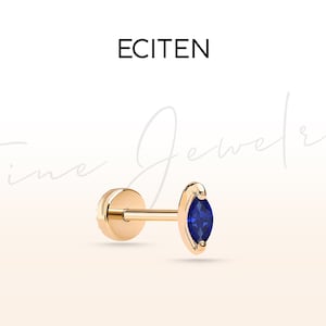 Markiezin-geslepen saffierpiercing in 14 kt massief goud, kraakbeen-helix schroefpiercing aan de achterkant, 18 g (1,02 mm), staaflengte 8-6 mm