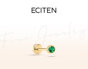 Emerald Solitaire Tragus Piercing,Flat Back Piercing in 14K Solid Gold,16G Cartilage Earring,8-6 mm Bar Length