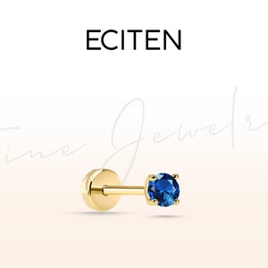 Sapphire Solitaire Tragus Piercing,Flat Back Piercing in 14K Solid Gold,18G Stud Cartilage Piercing,8-6mm Bar Length