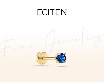 Sapphire Solitaire Tragus Piercing,Flat Back Piercing in 14K Solid Gold,18G Stud Cartilage Piercing,8-6mm Bar Length