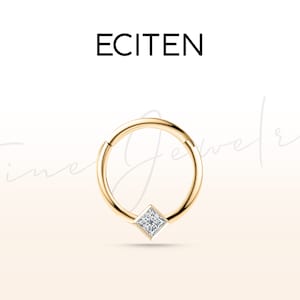 Orecchini a cerchio con diamanti taglio principessa in oro massiccio 14K, piercing a cerchio per cartilagine Huggie 16G, orecchino singolo con castone, esterno 10 mm