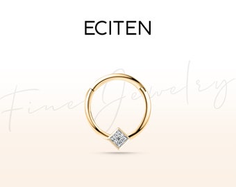 Princess Cut Diamond Hoop Clicker Earrings in 14K Solid Gold,16G Cartilage Huggie Hoop Clicker Piercing,Bezel Set Single Earring,10mm Outer
