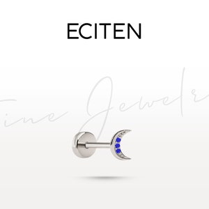 Halbmond Sapphire Piercing, Flaches Rücken Piercing in 14K Solid Gold, 3 Runden Cut Sapphire Ohr-Piercing, 8-6 mm Bar Länge, 18G(1.0 mm)