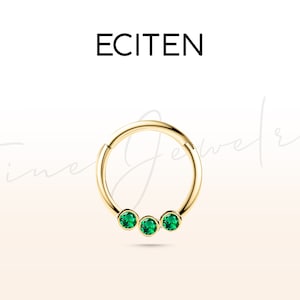 Daith Hoop Clicker Piercing,Cartilage Emerald Piercing,Single Earring in 14K Solid Gold,3 Round Cut Emerald,16G(1.2mm),10mm Outer