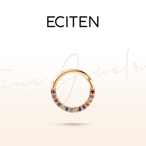 Knorpel Hoop Clicker Regenbogen Piercing aus 14K Solid Gold, Bunte Serielle Edelstein Hoop Clicker Piercing, 16G (1.2 mm) 10-12 mm Außen