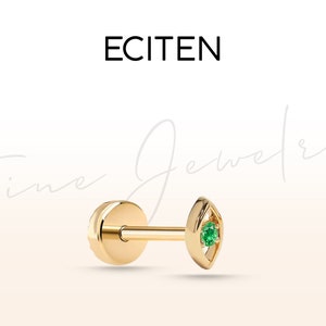 Boze oog kraakbeenschroefpiercing, groene granaat traguspiercing in 14 kt massief goud, 18 G (1,0 mm) kraakbeenpiercing, staaflengte 6-8 mm