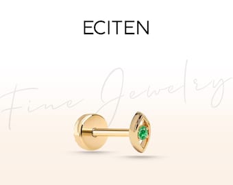 Evil Eye Cartilage Screw Back Piercing,Green Garnet Tragus Piercing in 14K Solid Gold,18G(1.0 mm) Cartilage Piercing,6-8 mm Bar Length