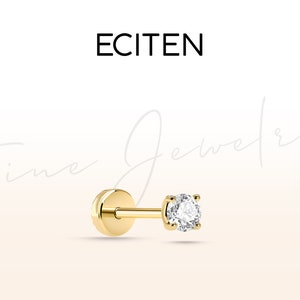 Diamond Solitaire Tragus Piercing,Flat Back Piercing in 14K Solid Gold,18G Stud Cartilage Piercing,8-6mm Bar Length