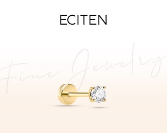 Diamond Solitaire Tragus Piercing,Flat Back Piercing in 14K Solid Gold,18G Stud Cartilage Piercing,8-6mm Bar Length