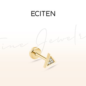 Driehoekige diamanten kraakbeenpiercing, schroefpiercing in 14 kt massief goud, 18G traguspiercing met studs, staaflengte van 8-6 mm