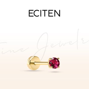 Piercing para trago con solitario de rubí, piercing con parte posterior plana en oro macizo de 14 quilates, piercing para cartílago con perno de 18 g, longitud de barra de 8 a 6 mm