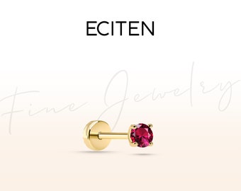 Piercing,Ruby Solitaire Tragus Piercing,Flat Back Piercing in 14K Solid Gold,18G Stud Cartilage Piercing,8-6mm Bar Length