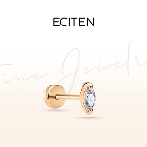 Marquise Cut Diamant Piercing aus 14K Gold, Knorpel Helix Screw Back Piercing, 18G (1.02 mm), Stablänge 8-6 mm