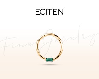 Baguette Emerald Hoop Clicker Earring in 14K Solid Gold,Single Earring,16G(1.2 mm) Cartilage Helix Huggie Piercing,10mm Outer Diameter