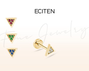 Tragus Piercing,Diamond Triangle Piercing With 4 Gemstone,Diamond-Emerald-Ruby-Sapphire,Flat Back Cartilage Earring in 14K Solid Gold,18G