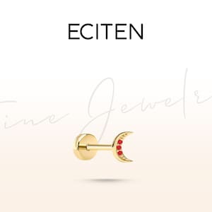 Piercing w kształcie półksiężyca z rubinem, płaski piercing z 14-karatowego złota, kolczyk ze śrubą do chrząstki, długość pręta 8-6 mm, 18G (1,2 mm)