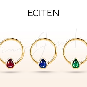 Peergeslepen clicker-piercing smaragd-robijn-saffier, kraakbeenring klikker met 3 edelstenen, enkele oorbel van 14 kt massief goud, 16G (1,2 mm)