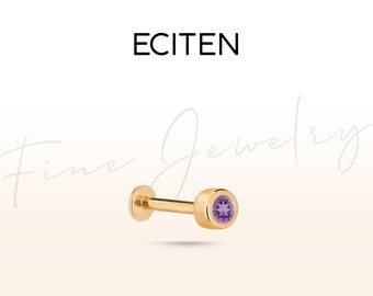 Lip and Nostril Piercing,Amethyst Solitaire Piercing,Minimalist Stud Lip Piercing in 14K Solid Gold,Bezel Set Piercing,18G Labret Piercing