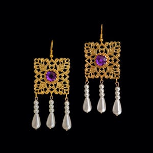 Byzantine empire inspired filigree pendant earrings gold coloured brass dangling pearls purple violet