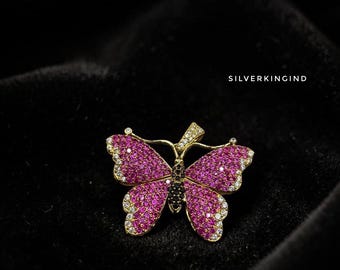 Ruby Butterfly Pendant, Pink Gemstone Butterfly Necklace, Moissanite Diamond Butterfly Charm, 925 Silver Gold Plated Jewelry, Gift for Her