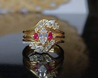 Marquise Diamond Enhancer Ring Set: 14k Yellow Gold Plated 925 Silver Anniversary Band