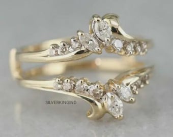 14k Gold Plated Sterling Silver Marquise Ring Enhancer: Simulated Diamond Wedding Wrap
