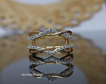 Enhancer Crisscross Band Ring, 1.20 Ct Round Diamond Women's Ring 14k Yellow Gold Plated Wrap Guard Ring ,925 Sterling Silver