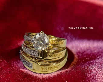 Personalized Forever Ring Set, Moissanite Engagement Ring, Name Engraved Couple Ring, Gold Plated Bridal Set, Promise Ring for Her